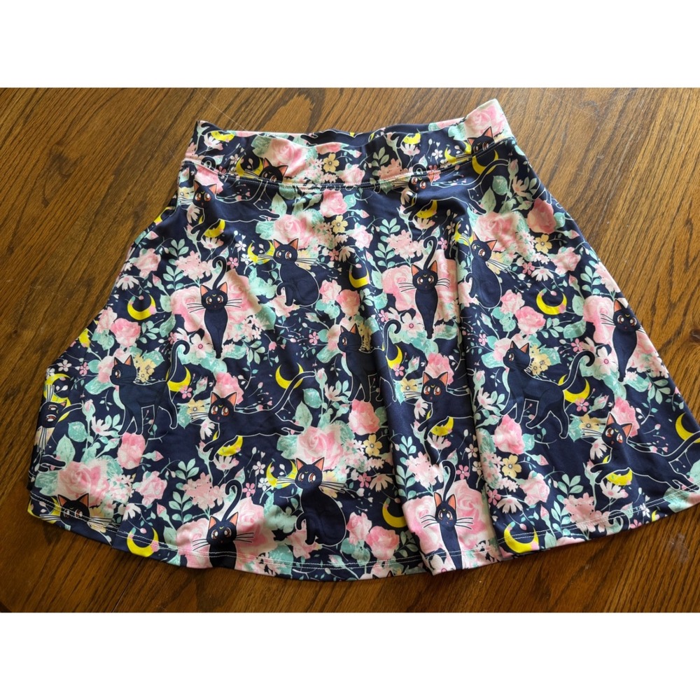 Sailor Moon Luna Cat Floral Skater Skirt Navy Blue Anime Kawaii Mini Skirt MD